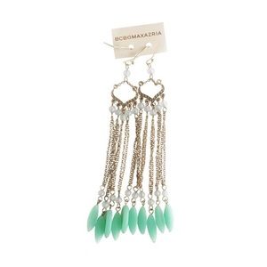 BCBG EARRINGS GOLD TONED FRINGE CHAIN BEADED GREEN